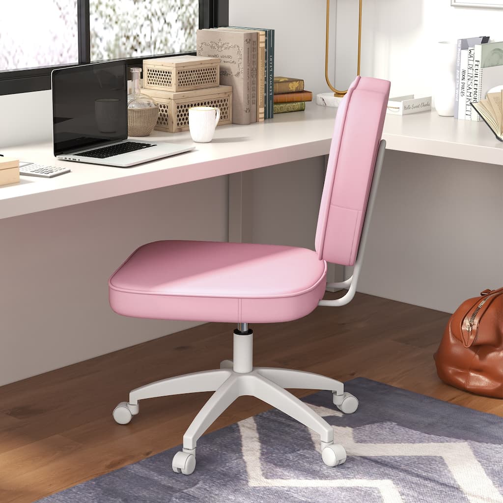 Cute Armless Office Chair, Leather Computer Desk Chair with Wheels, Vanity Task Chair with Adjustable Height