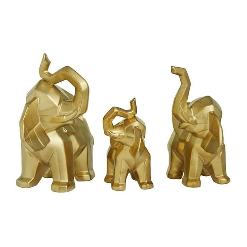 Standing Luck And Wisdom Elephant Trio Collectible Statue Figurine - Gold