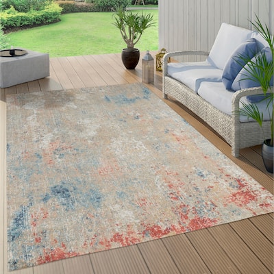 Trellis Beige, Rose, Blue and Red Abstract Indoor/Outdoor Rug