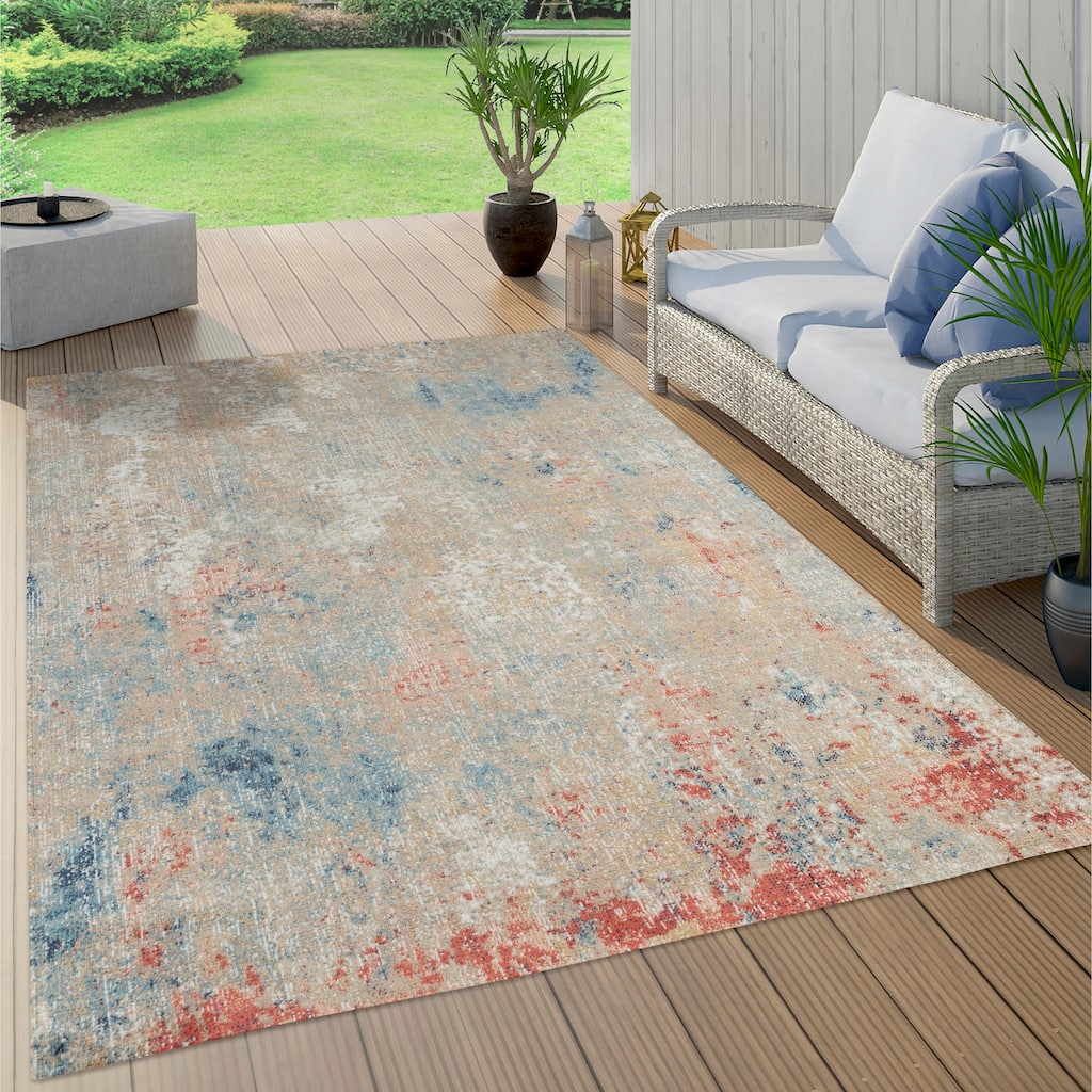 Trellis Beige, Rose, Blue and Red Abstract Indoor/Outdoor Rug