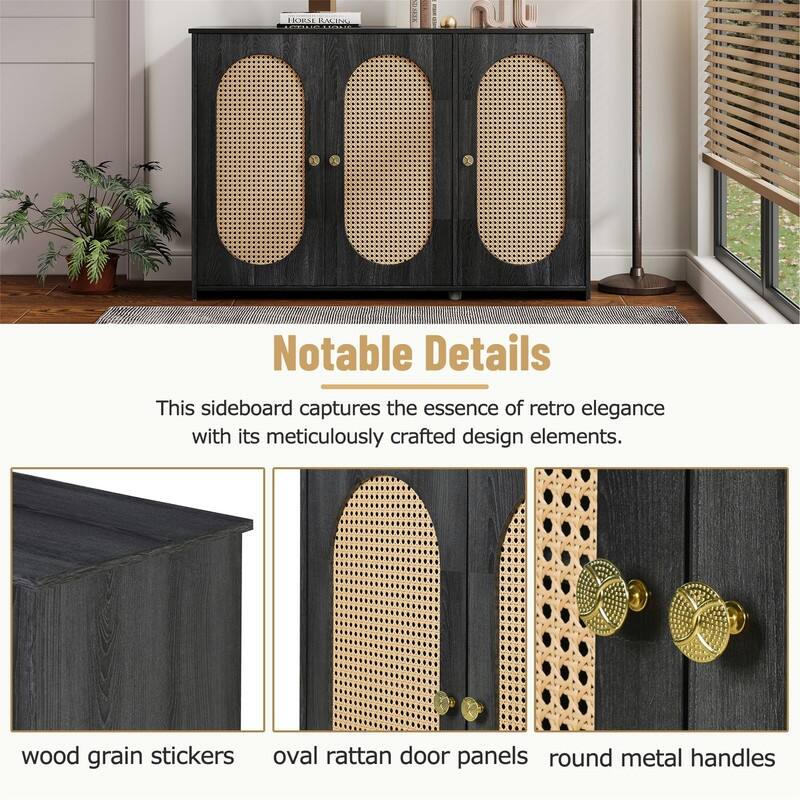 Retro 3-Door Sideboard with PVC Rattan Doors and Metal Handles, Buffet Cabinet Accent Storage Cabinet with Storage Shelves