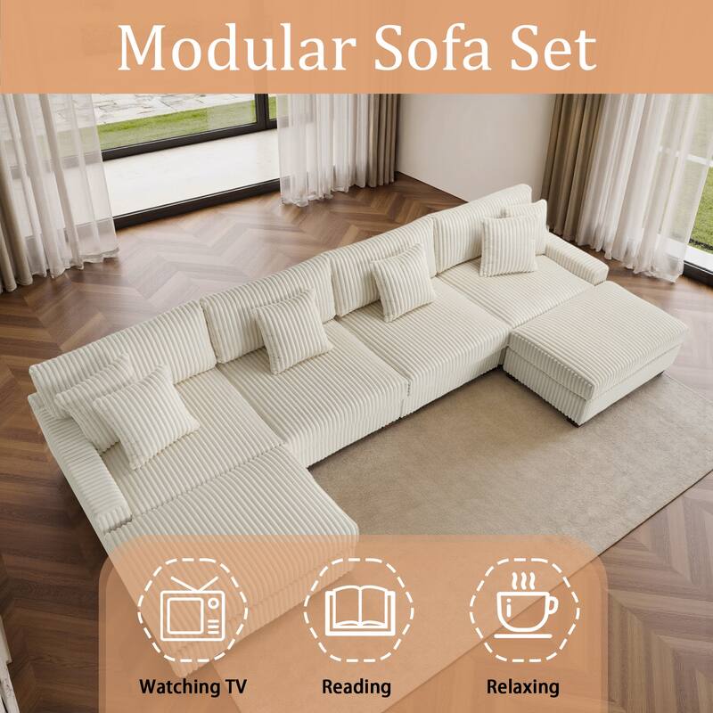 Modular Cotton Flannel Plush Sectional Sofa with Ottomans