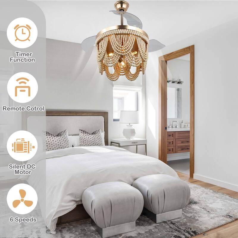 Cusp Barn 42 Inch Boho Retractable Ceiling Fan with Remote, Coastal 6 Speeds Fandelier, Farmhouse Caged Wood Beaded Ceiling Fan