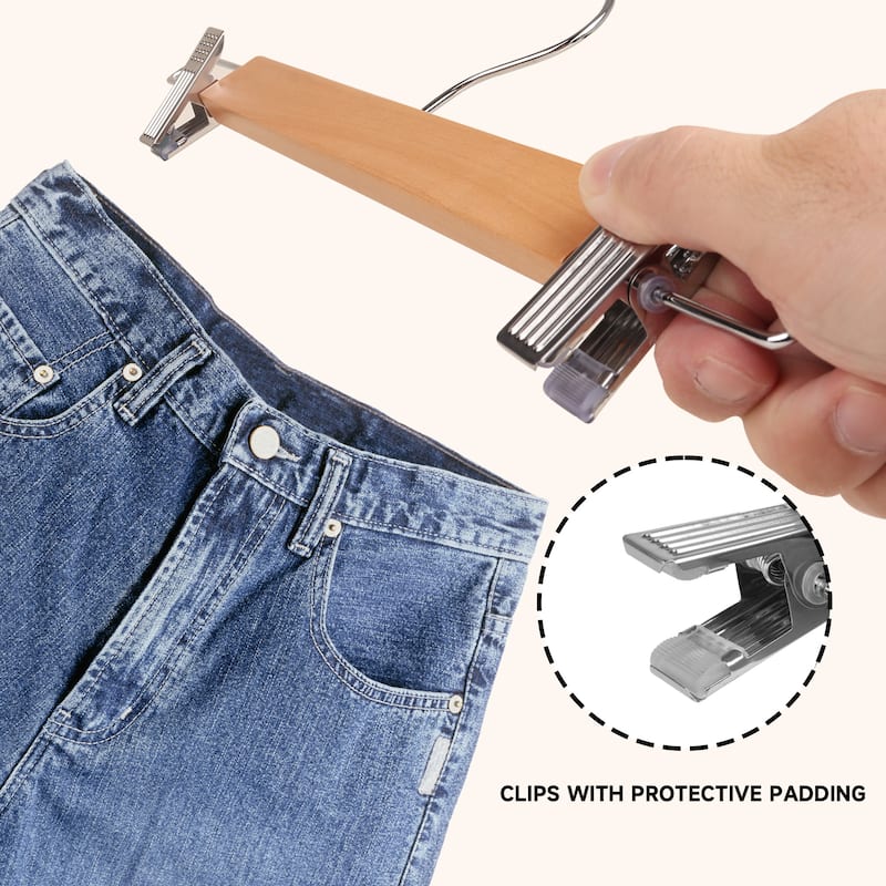 BP4U Premium Wooden Pants Hangers with Adjustable Clips, Solid Wood Skirt Hangers for Jeans, Slacks, Dresses
