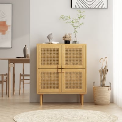Modern Sideboard 4-Doors Rattan Mesh Storage Cabinet