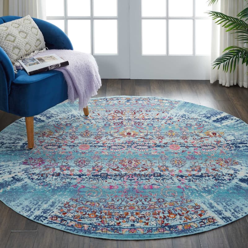 Nourison Vintage Kashan Distressed Medallion Area Rug - 4' Round - Blue/Multi - Runner/Round