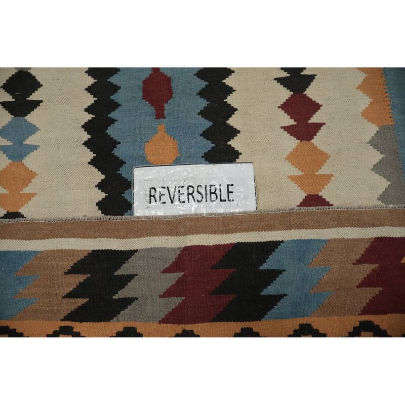 Hand Woven Oriental 100% Wool Carpet Southwestern Tribal Beige & Ivories Kilim Area Rug - 11' 10'' X 5' 2''