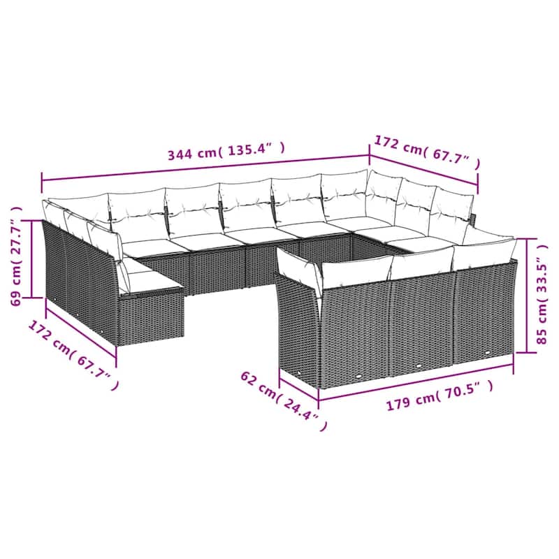 vidaXL Garden Sofa Set Grey PE Rattan, Powder-Coated Steel, Polyester - 24.4 x 24.4 x 27.2