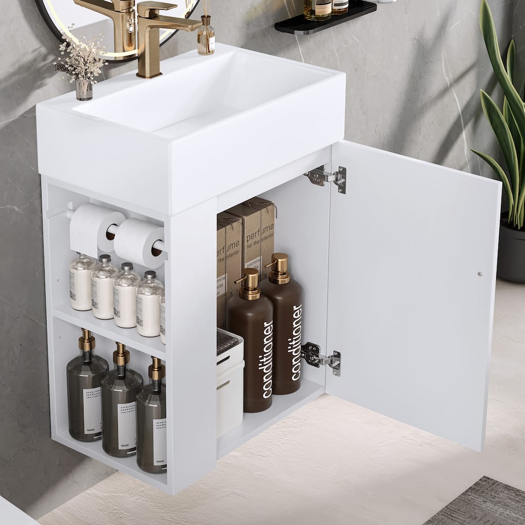 Wall-mounted Small Bathroom Vanity with Ceramic Sink, Floating Ceramic Sink Cabinet with Side Storage Shelves, 20 Inch