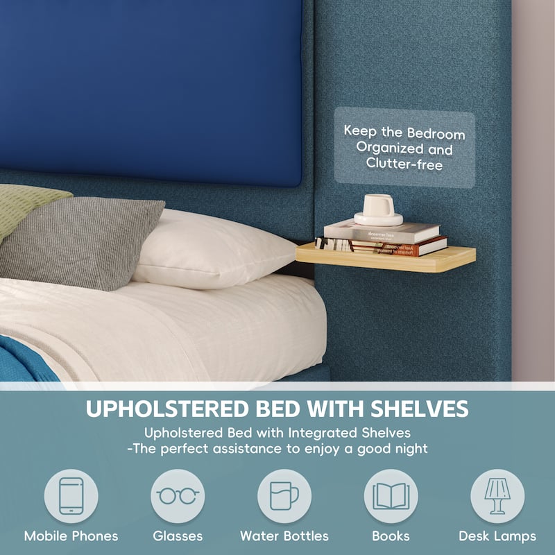Roomfitters Queen Size Upholstered Platform Bed Frame, Modern Panel Headboard with Rounded Corners, Solid Wood Slats