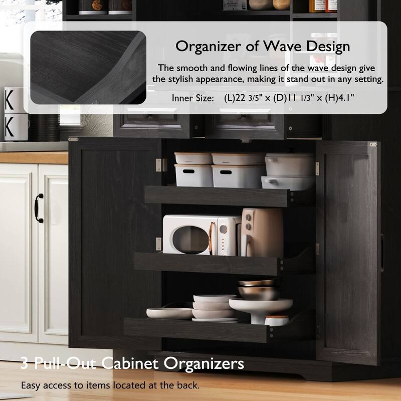 71" Tall Freestanding Kitchen Pantry Cabinet with 3 Pull Out Organizers and 6 Door Shelves