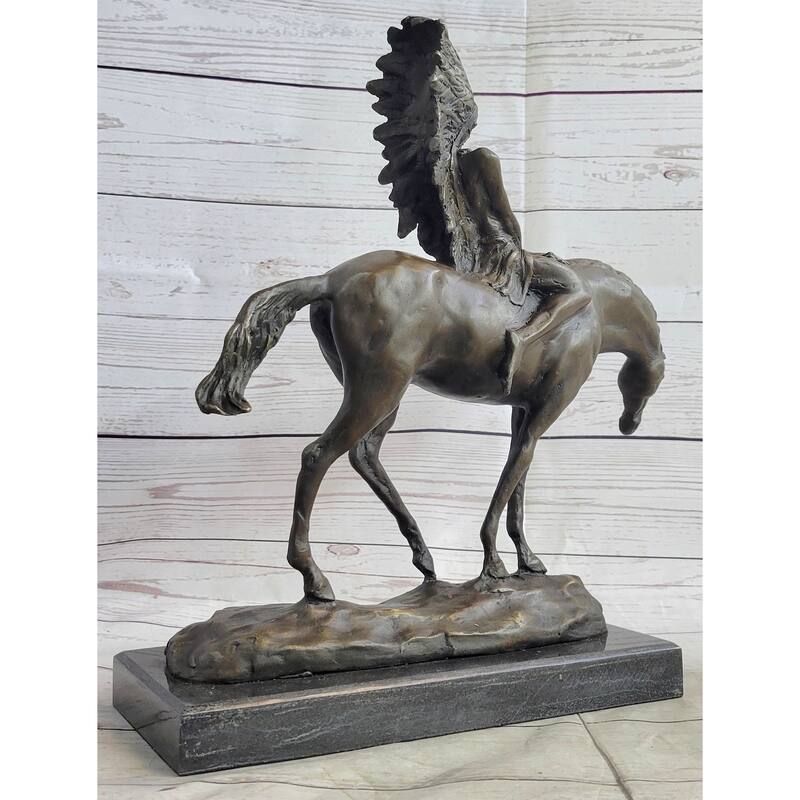 Native American Indian On Imitative Horseback Bronze Sculpture Statue Figure On Marble Base