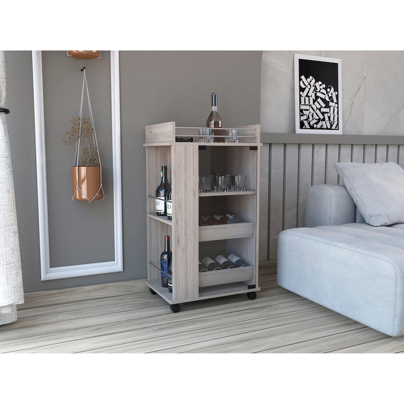 Bar Cart with Glass Door, 2-Side Shelves and Casters