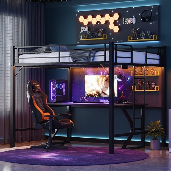 slide 2 of 6, Black Queen Metal Loft Bed with LED Lights,Charging Station,Safety Guardrail and Ladder Queen - Black
