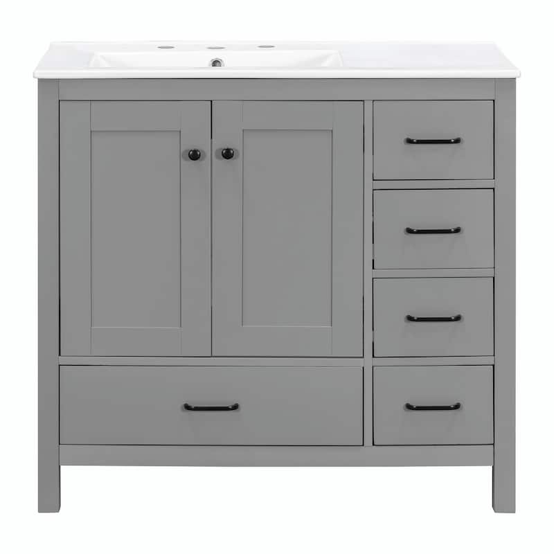36" White Bathroom Vanity with Ceramic Sink Combo, Ample Storage Cabinet - 2 Soft-Close Doors and 5 Drawers
