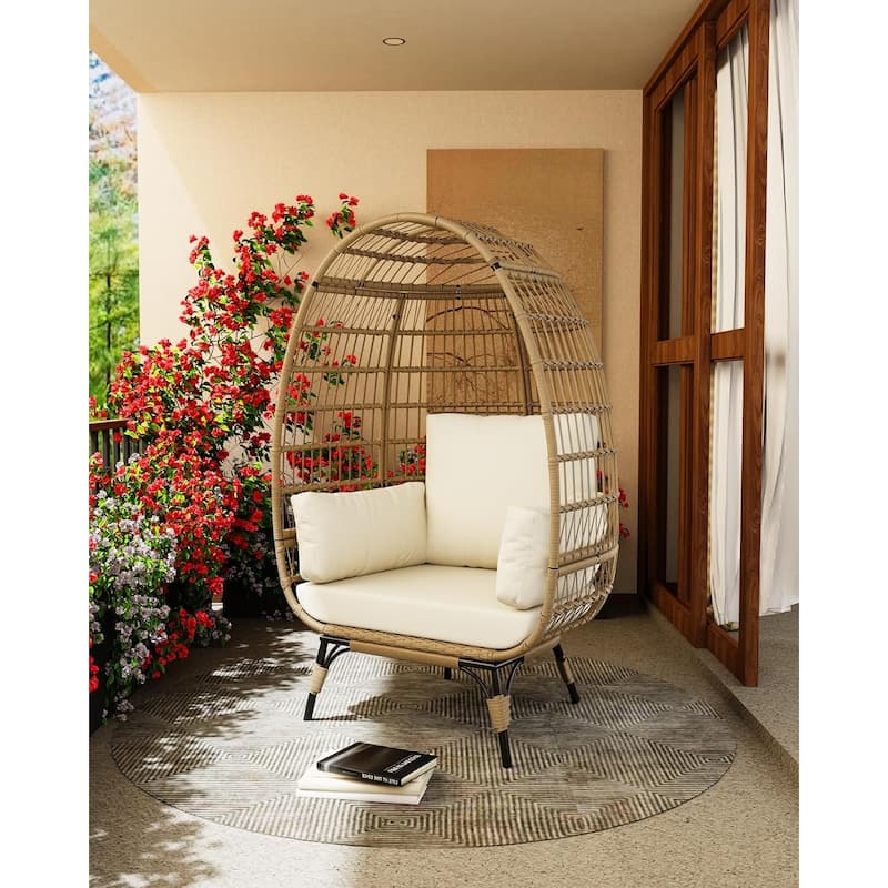 Oversize Wicker Egg Chair Outdoor with Steel Frame, Egg Basket Lounge Chair with 4 Cushions