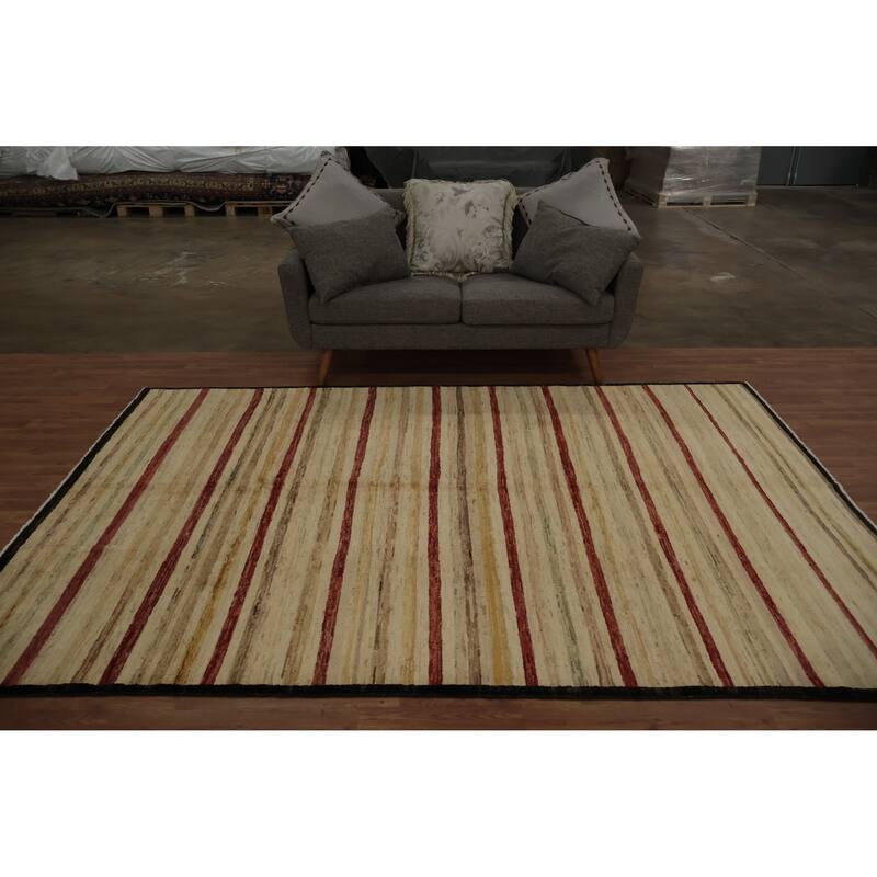Hand Knotted Oriental 100% Wool Carpet Modern Stripe Beige & Ivories Gabbeh Area Rug - 9' 7'' X 6' 6''