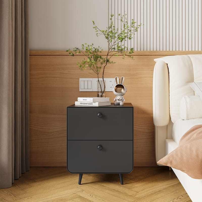 Night Stand Wooden End Table, Bedside Furniture Bedside聽Table with 2 Circular Handle Drawers, Nightstand Steel Frame Cabinet