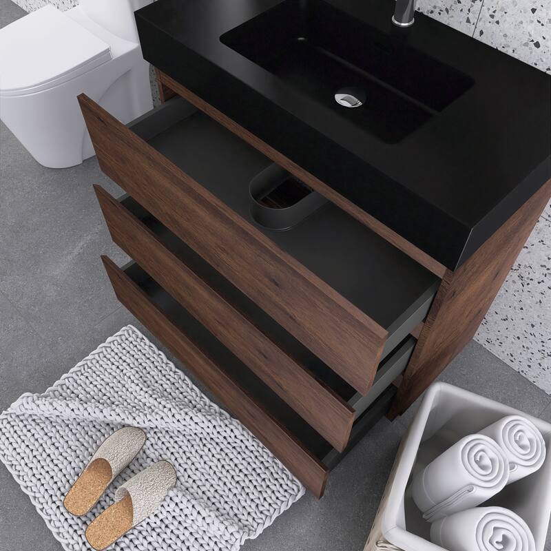 Freestanding Bathroom Vanity with Black Solid Surface Top