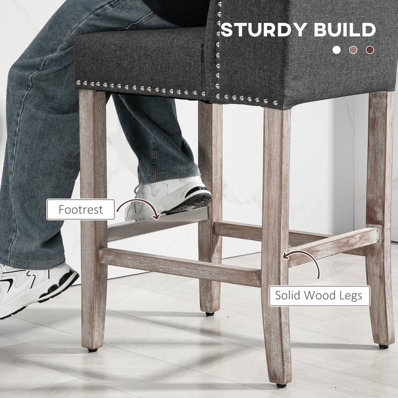 Counter Height Bar Stools Set of 2, Button-Tufted Upholstered Breakfast Stool, Kitchen Stools with Nailhead-Trim & Wooden Legs