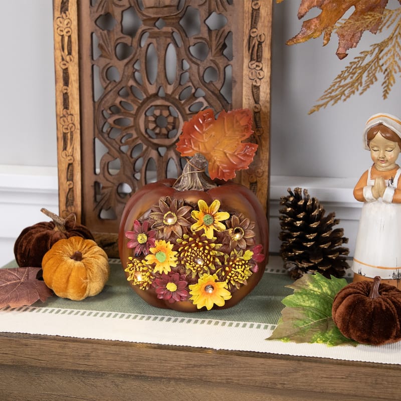7.75" Brown Red LED Solar Floral Pumpkin Thanksgiving Table Decor