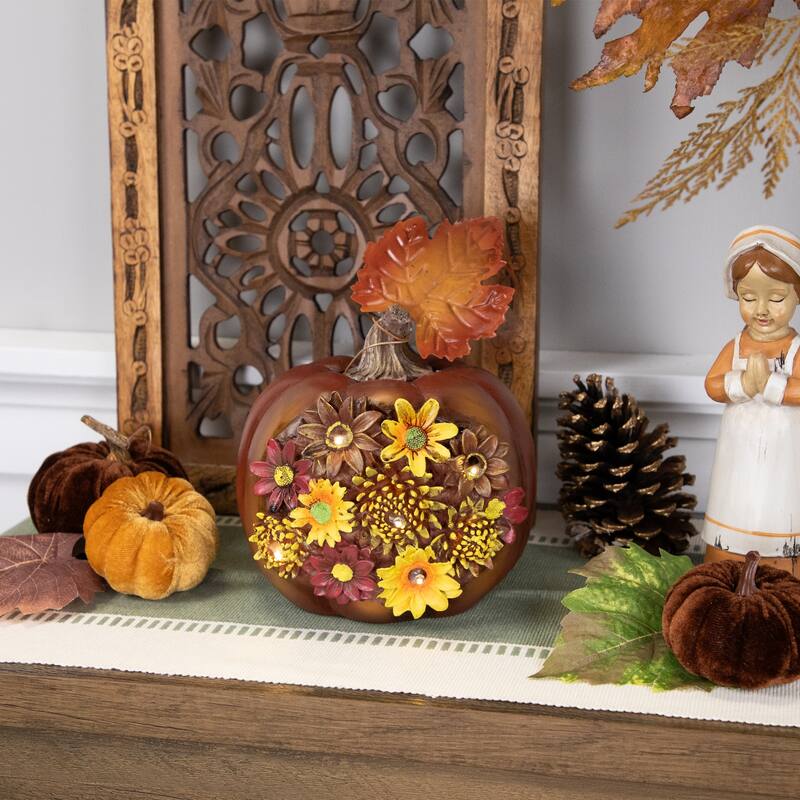 8" Lighted Solar Powered Floral Fall Harvest Pumpkin Outdoor Decoration