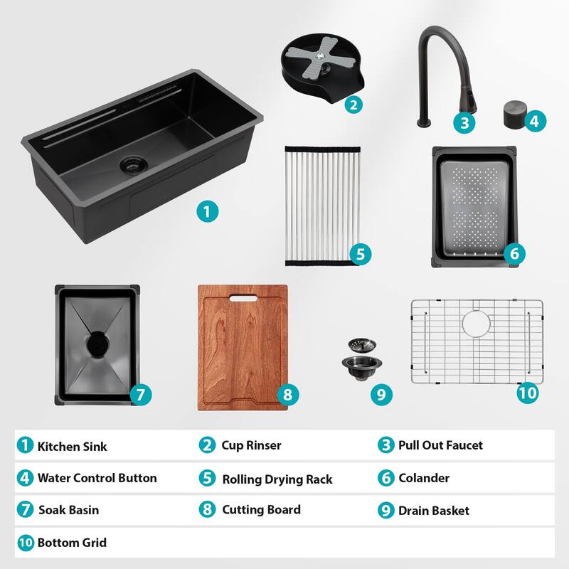 33" Undermount Waterfall Gunmetal Black Kitchen Sink - Single Bowl 16 Gauge Stainless Steel Ledge Workstation Kitchen Sinks