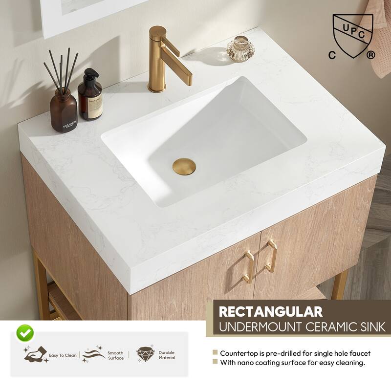Alistair Single Bath Vanity with White Grain Stone Top & Mirror