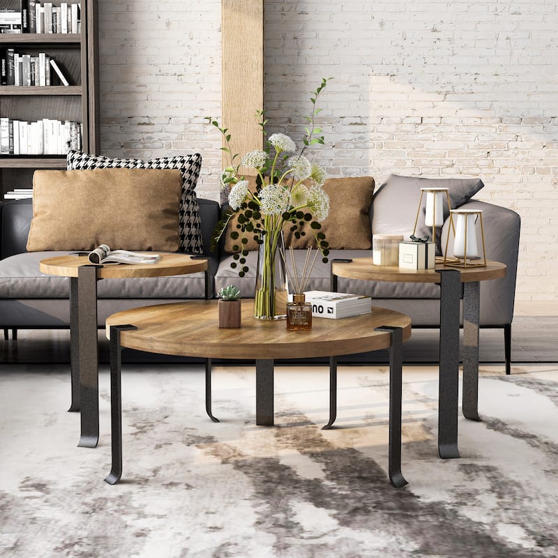 Moril Transitional 41-inch Steel Round 3-Piece Coffee Table and Side Tables Set by Furniture of America