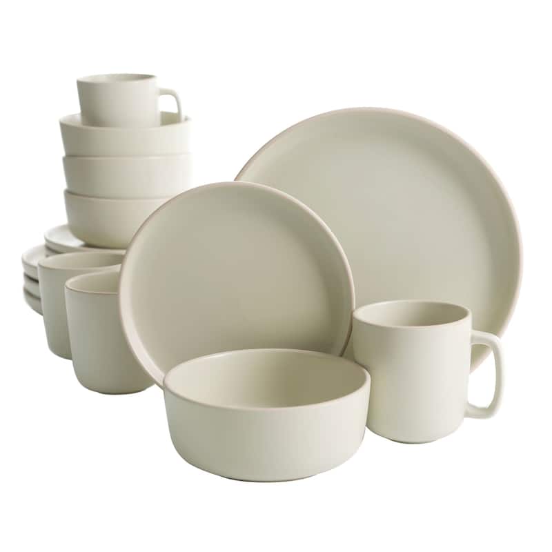 Gibson Home Zuma 16 Piece Stoneware Plates, Bowls, & Mugs Dinnerware Set - Matte White - Green/Ivory
