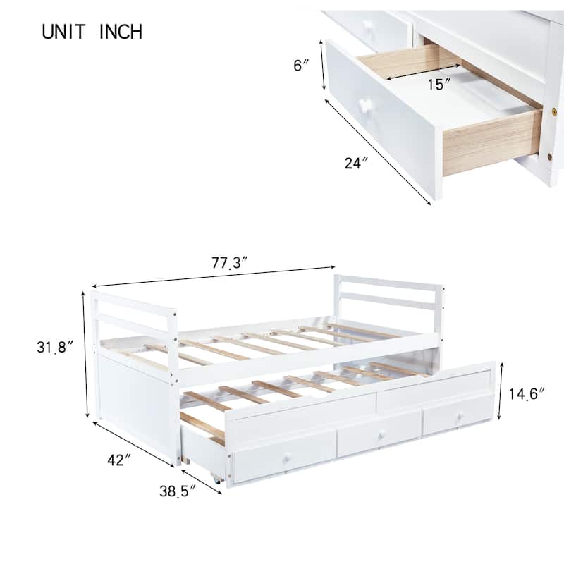 Twin Size Pine Wood Bed Kids Daybed Storage Bed with Trundle Bed, 3 Storage Drawers, Headboard and Footboard for Children's Room