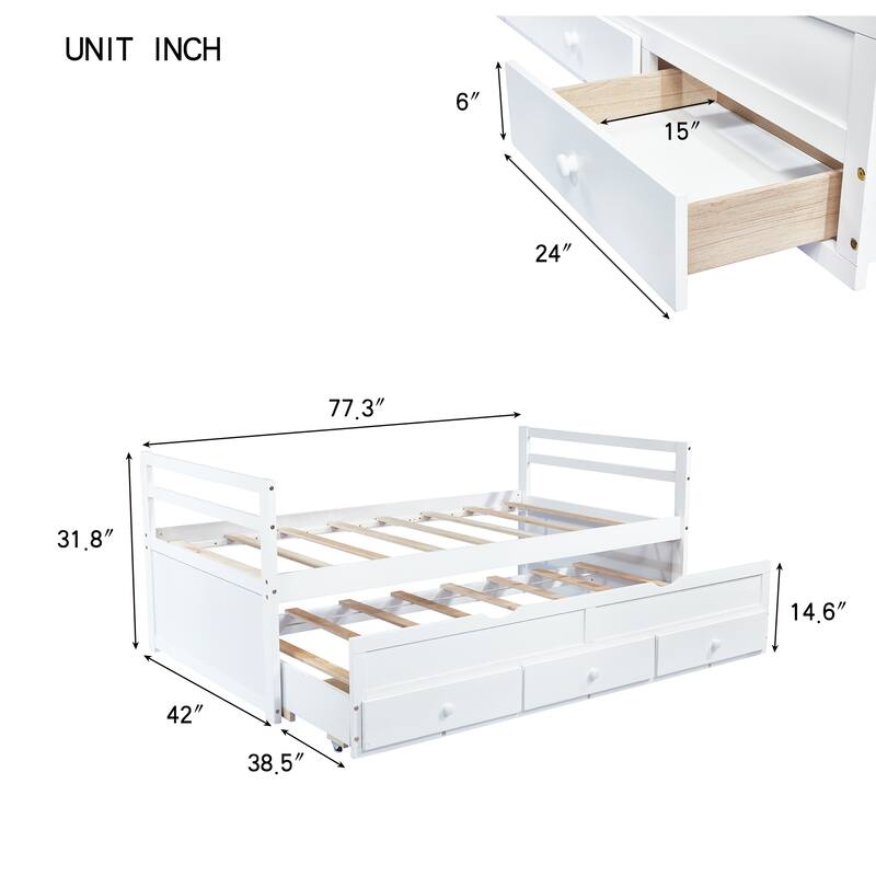 Twin Size Pine Wood Bed with Headboard, Footboard, Trundle, and Three Storage Drawers in White