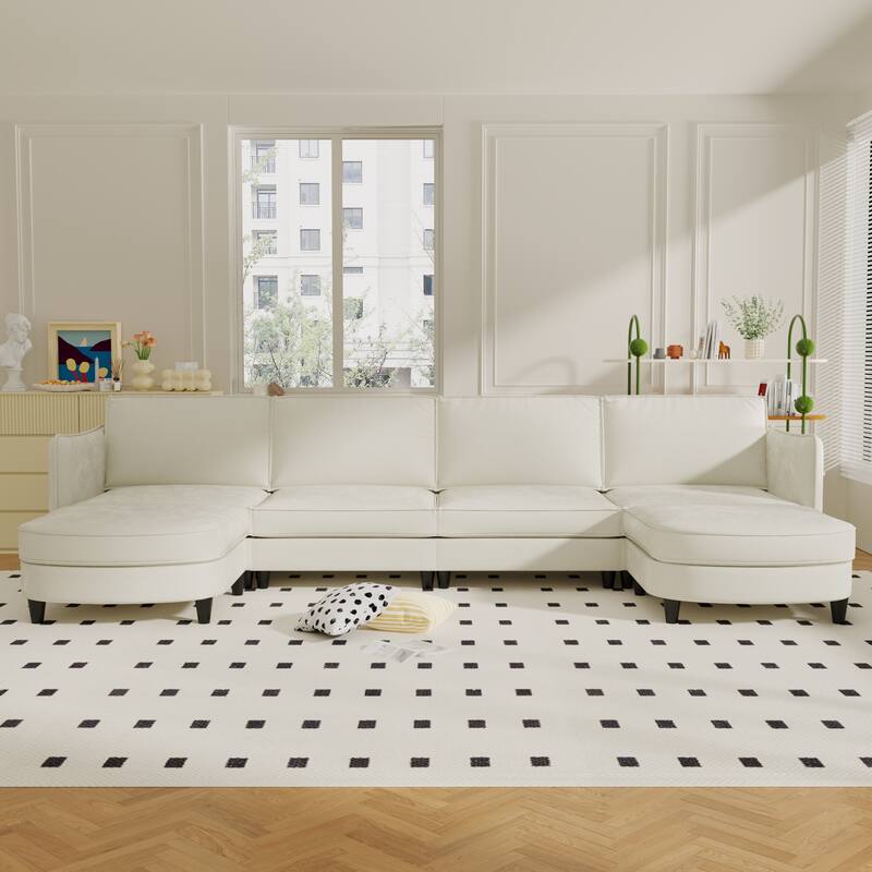 141.5'' 6 Seater U-Shaped Fabric Sofa with Ottoman, Arm Pockets, Beige, for Living