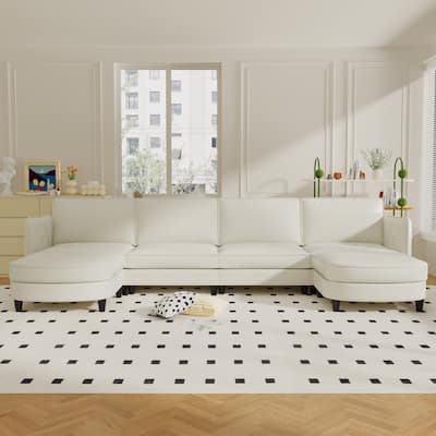 141.5'' 6 Seater U-Shaped Fabric Sofa with Ottoman, Arm Pockets, Beige, for Living