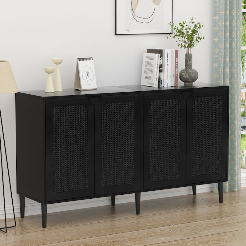 Anmytek 4-Door Black Rattan Buffet Sideboard Modern Accent Storage Cabinet with Adjustable Shelf - 63" W x 15.7" D x 35.4" H
