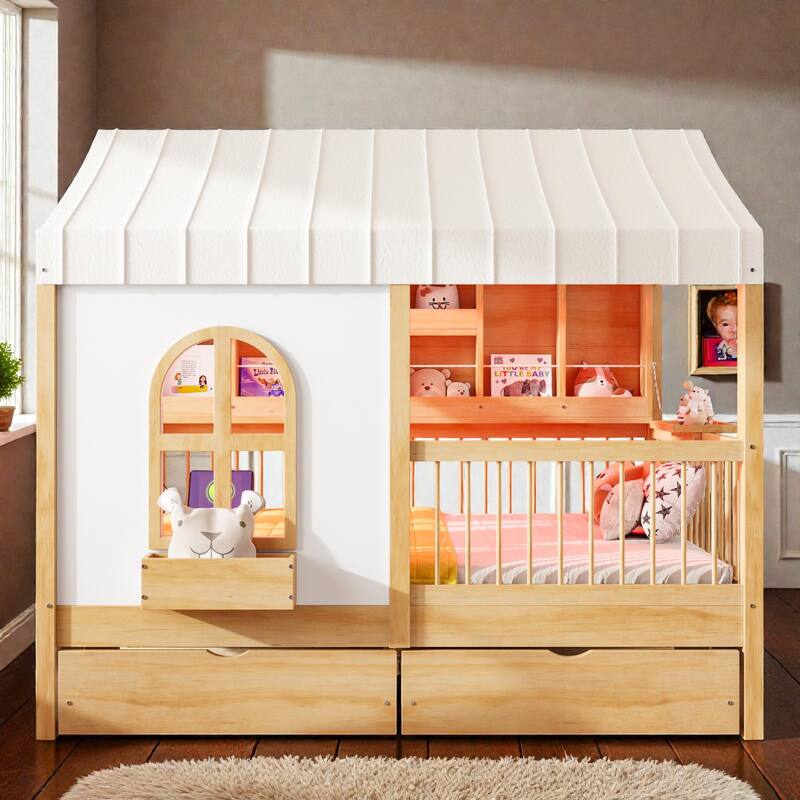 Full Size Kids House Bed with 2 Storage Drawers, Side Bookshelf with LED Strip, Guardrails and Charging Station - Natural - Full