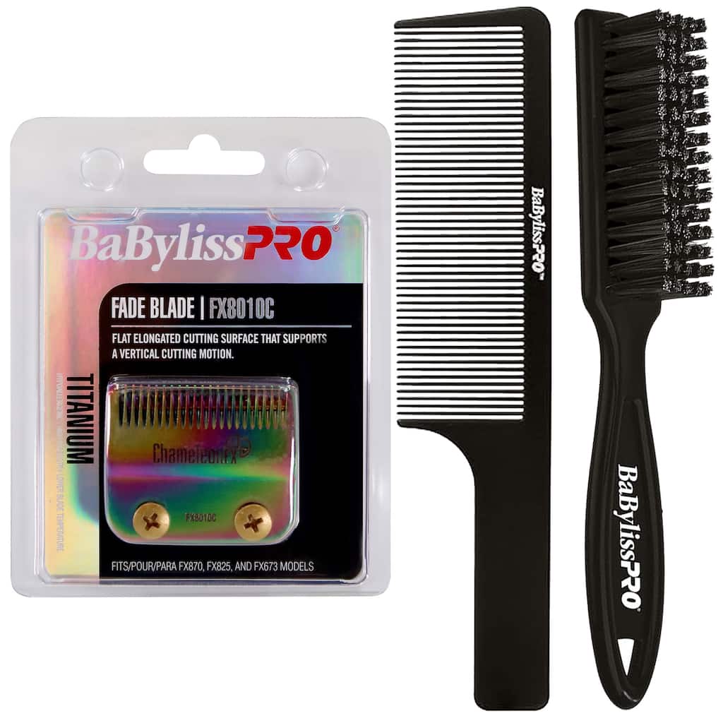 BaByliss Pro Replacement Titanium Fade Blade #FX8010C Fits for FX870, FX825 and FX673 + Fade Brush + 9" Comb