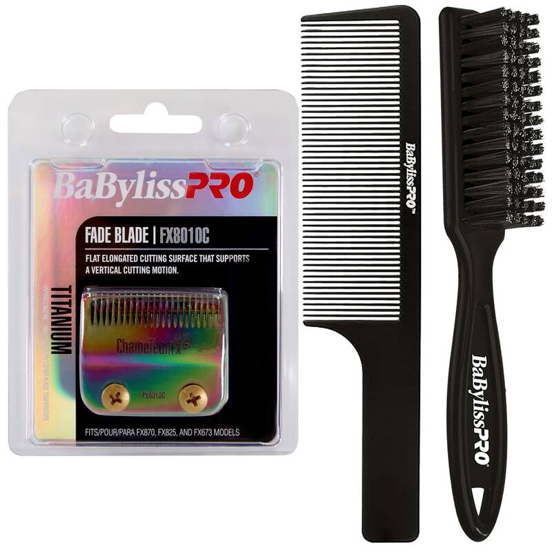 BaByliss Pro Replacement Titanium Fade Blade #FX8010C Fits for FX870, FX825 and FX673 + Fade Brush + 9" Comb - Chameleon