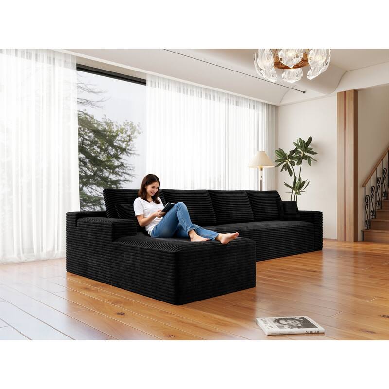 Roomfitters 131.9" Modular Sectional Sofa, 4-Piece Compressed Cloud Couch, No Assembly Required, Plush Corduroy, Black