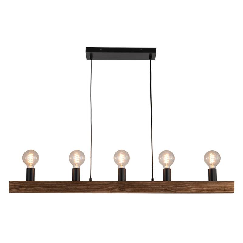 Rustic 5-Light Wood Beam Linear Chandelier - Matte Black & Brown Wood