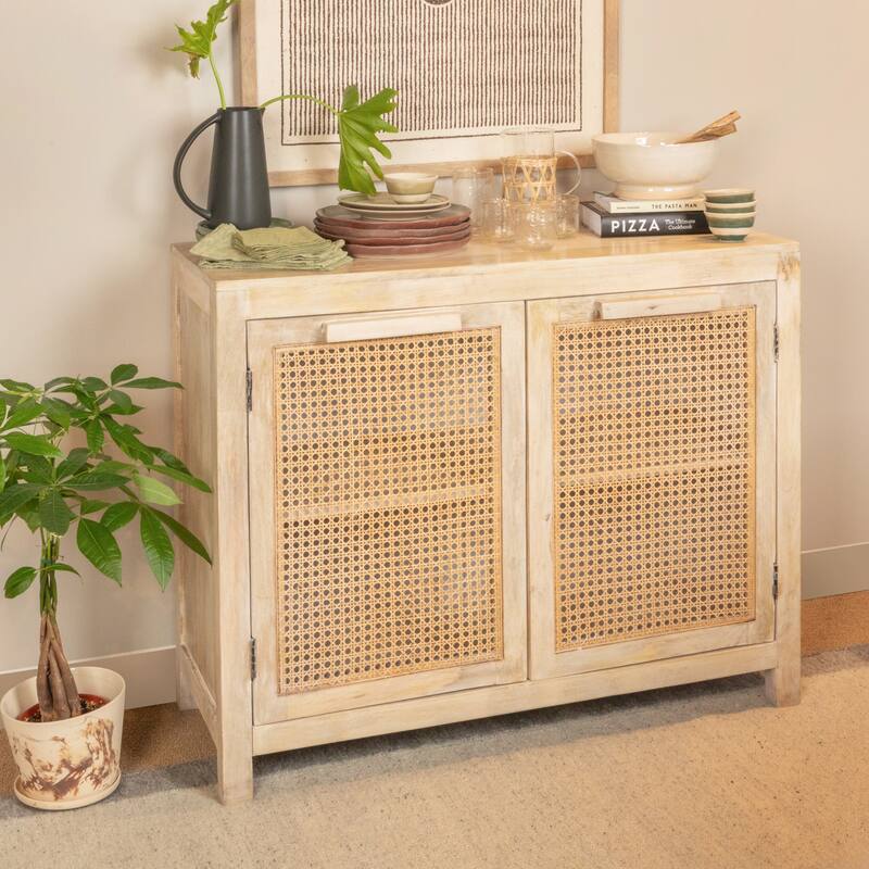 Mango Wood and Cane 2-Door Cabinet with 2 Shelves