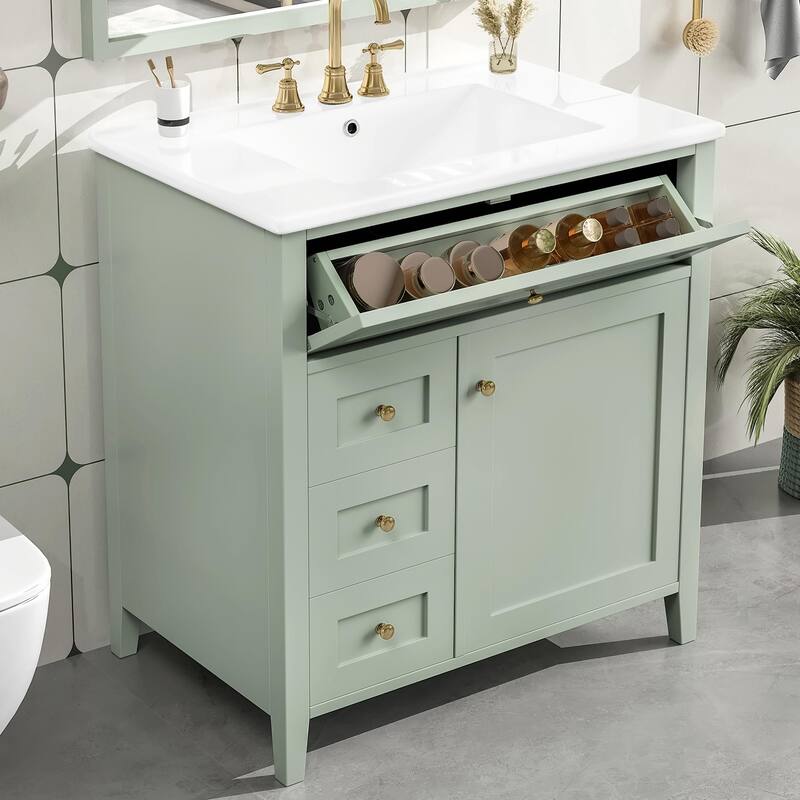 Bathroom Vanity with Sink, Modern MDF and Rubberwood Cabinet with 3 Drawers and Adjustable Shelf