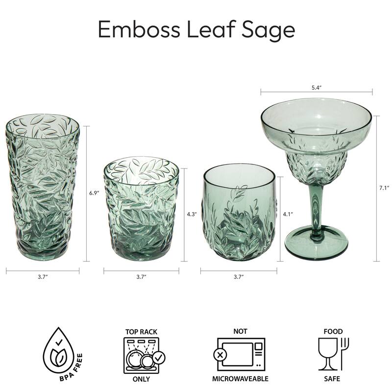 Abode Homewares Embossed Leaf Acrylic Margarita Glass - Sage - 18.8 oz - Set of 6