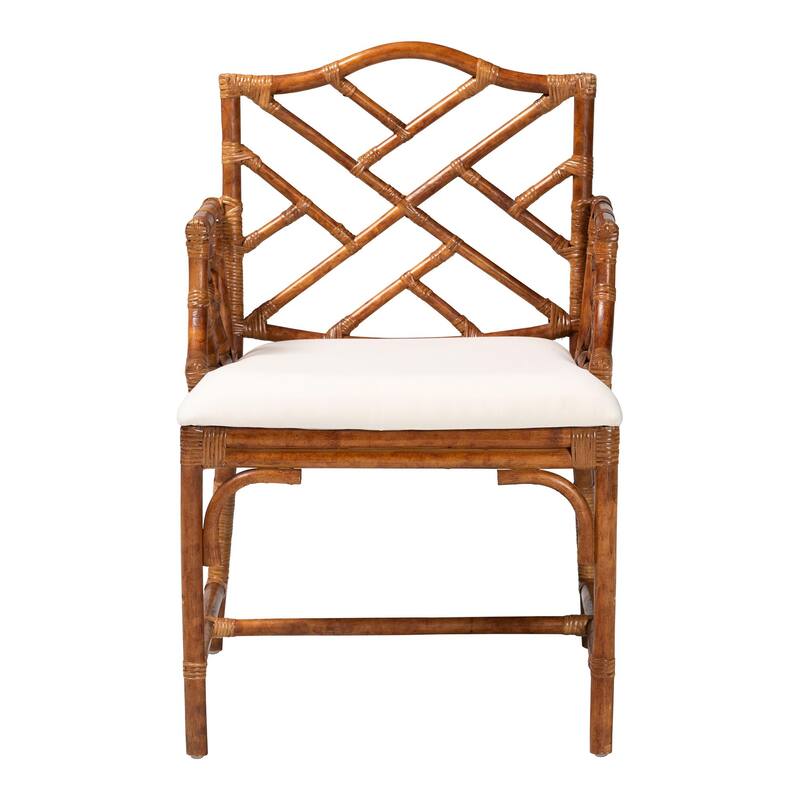 Aella Marbled Tortoise Natural Rattan Armchair - Handcrafted Wicker Accent Seating with Open Back, Boho Coastal Seating