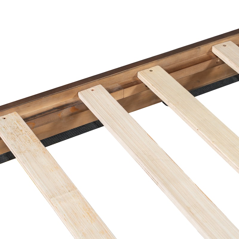 Mid-Century Modern Wood Platform Bed Frame with Upholstered Headboard, Wood Slat Support, No Box Spring Needed, Easy Assembly