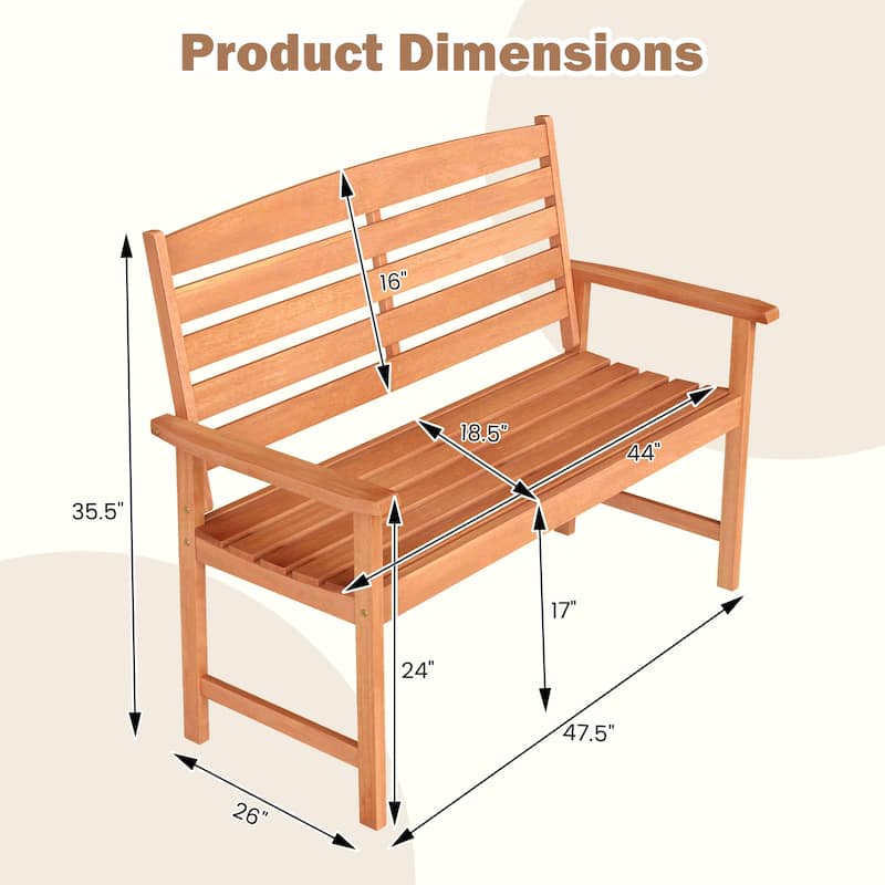 47.5" Natural Solid Wood Garden Bench Loveseat with Slatted Backrest and Armrests for 2-Seater - 47.5" × 26" × 35.5"