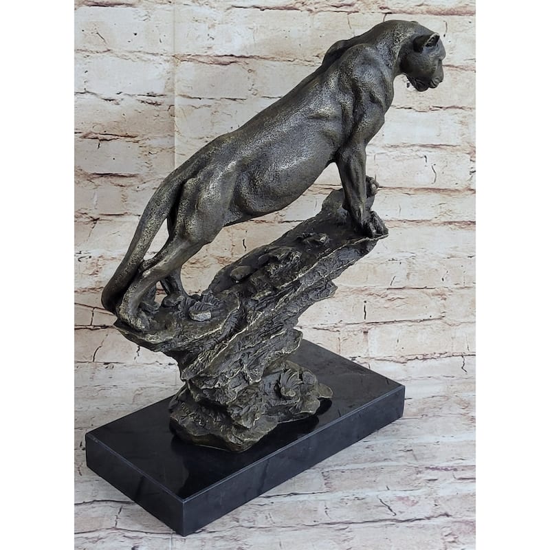 Puma Cougar Lioness Mountain Lion Standing On Rock Bronze Sculpture Statue Marble Base