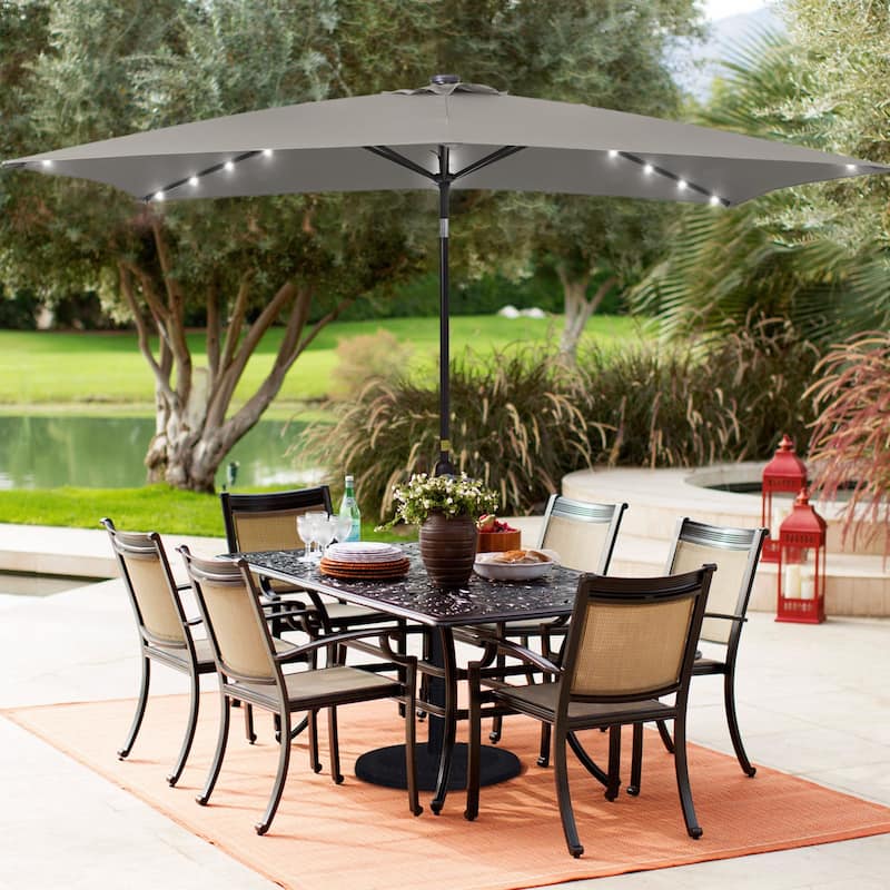 LIVOOSUN 10x6.5ft Steel Solar-Powered LED Patio Umbrella,w/Crank Tilt - Grey