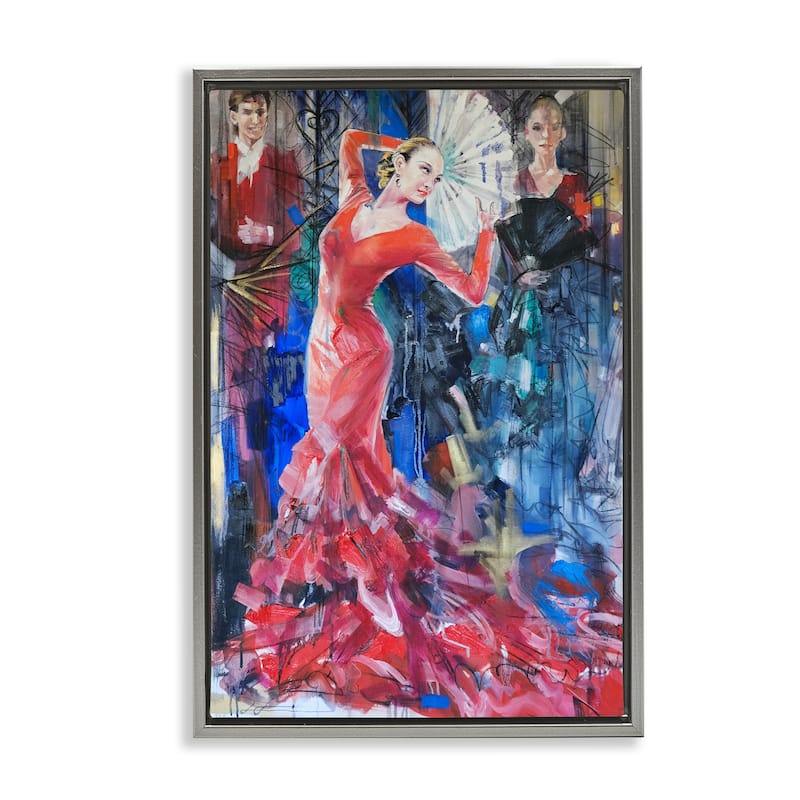 Stupell Bold Dancer with Fan Framed Floater Canvas Wall Art Design By Lucille Lee - 21 x 31 - Grey