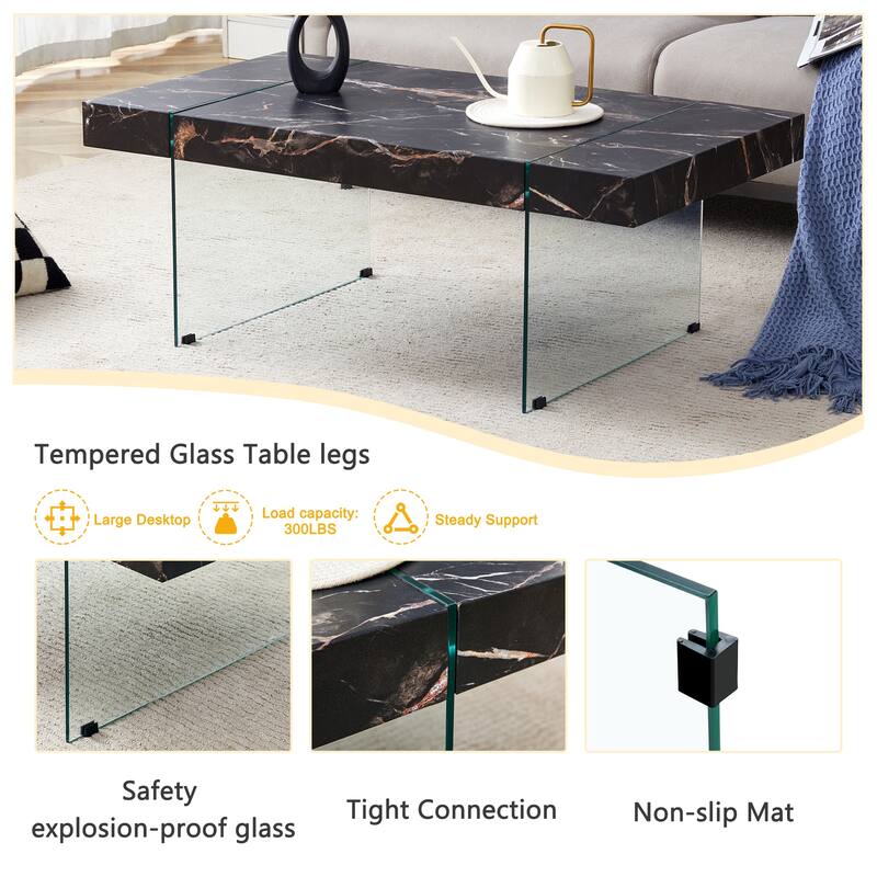Roomfitters White Marble MDF Coffee Table with Tempered Glass Legs, Side or Display Table for Modern Living Room